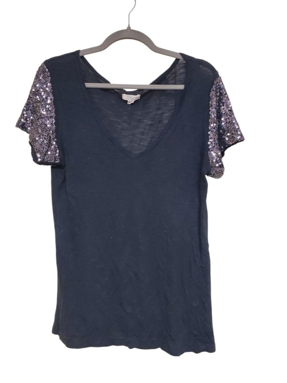 Aerie Women's Lightweight Black Silver Sequin Sleeve Basic V-Neck Tee Top Size L
